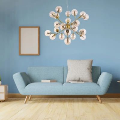 lustre spoutnik dans un salon bleu